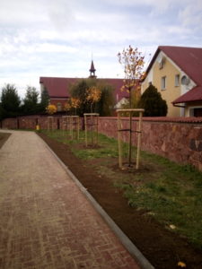 Zdjęcie przedstawia fragment naprawionego chodnika oraz zagospodarowania terenu wokół.